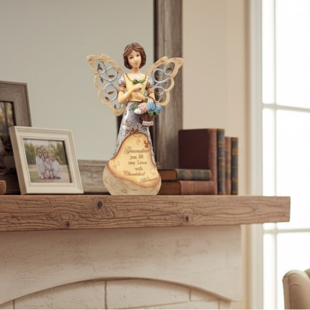 Elements RARE Grandma Angel with Flowers Collectible Figurine-Tan/Silver EUC